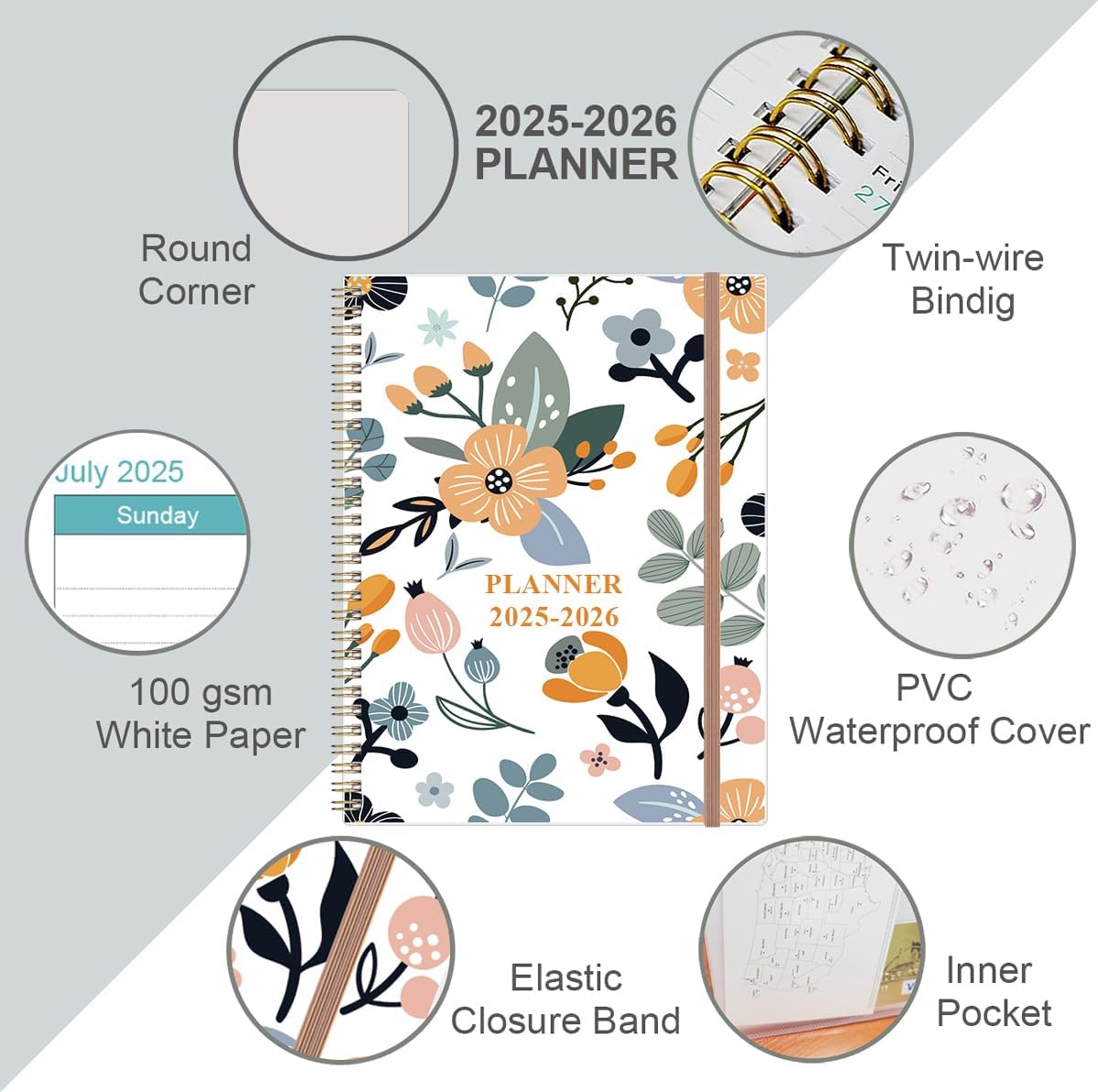 2025-2026 Planner - Academic Planner 2025-2026 from July 2025 to June 2026 with 12 Monthly Tabs, Flexible Cover, Inner Pocket, 8.5" x 11", Rose Flowers