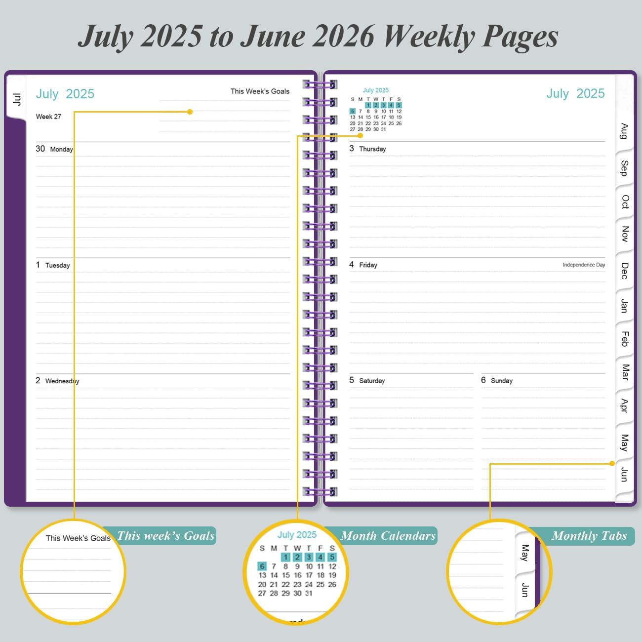 2025-2026 Planner - Academic Planner 2025-2026 from July 2025 - June 2026, Weekly & Monthly Planner Spiral Bound with 12 Monthly Tabs, Inner Pocket, 6.4" x 8.5", Purple