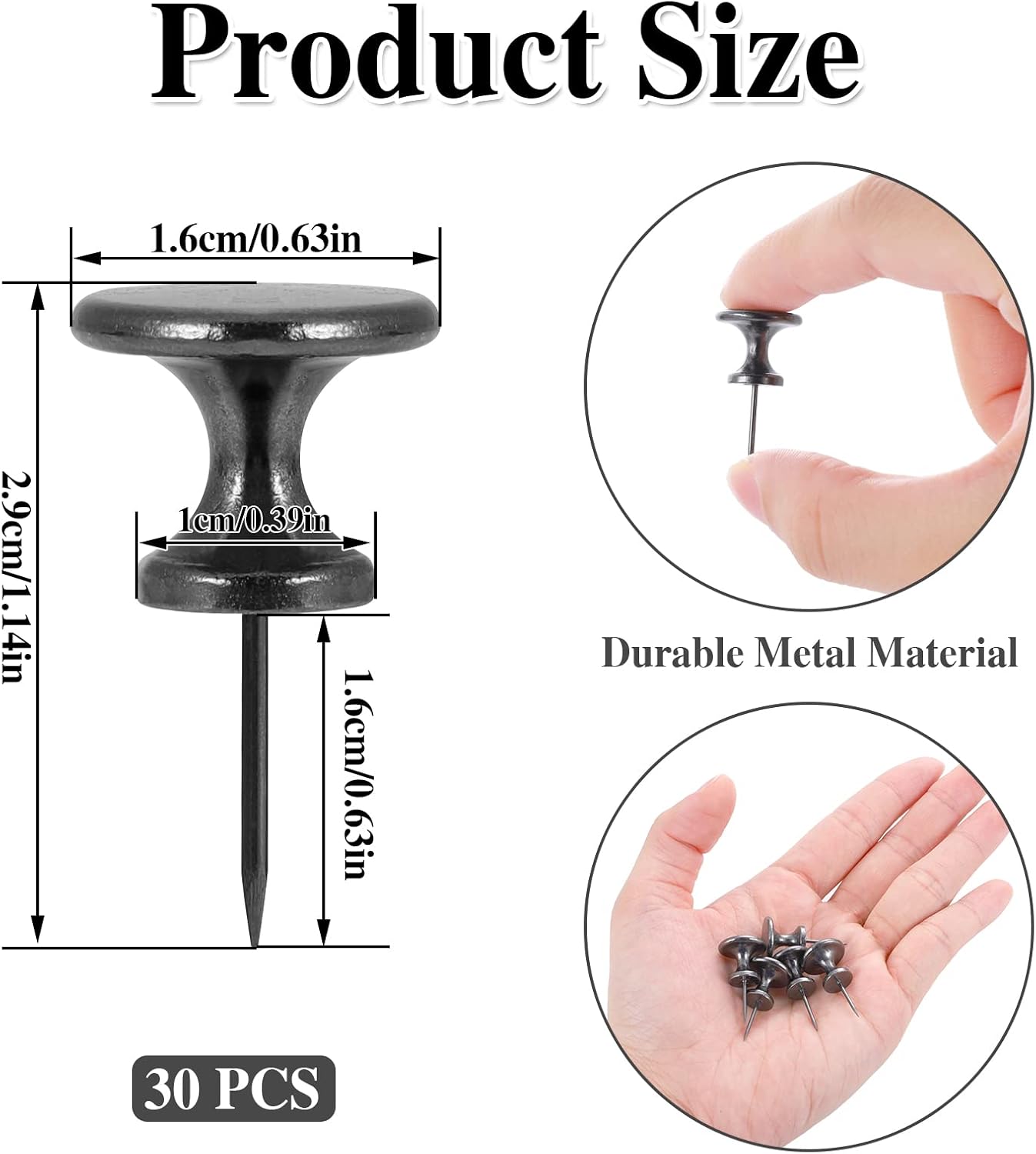 30 Count Metal Giant Push Pins, Jumbo Push Pins 1.14 Inch Large Push Pins for Cork Board Big Black Thumb Tacks for 20 Lbs Wall Hangings Office Home Classroom Decorative