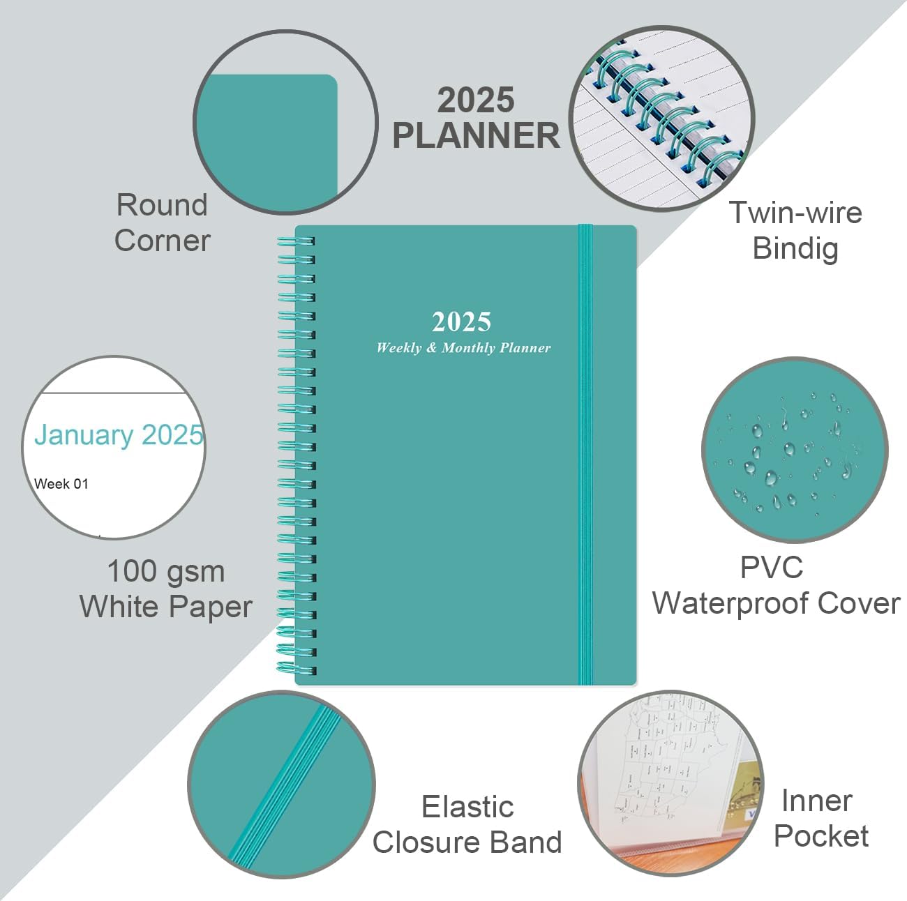 2025-2026 Planner - Academic Planner 2025-2026 from July 2025 - June 2026, Weekly & Monthly Planners Spiral Bound with 12 Monthly Tabs, Inner Pocket, 6.4" x 8.5", Teal