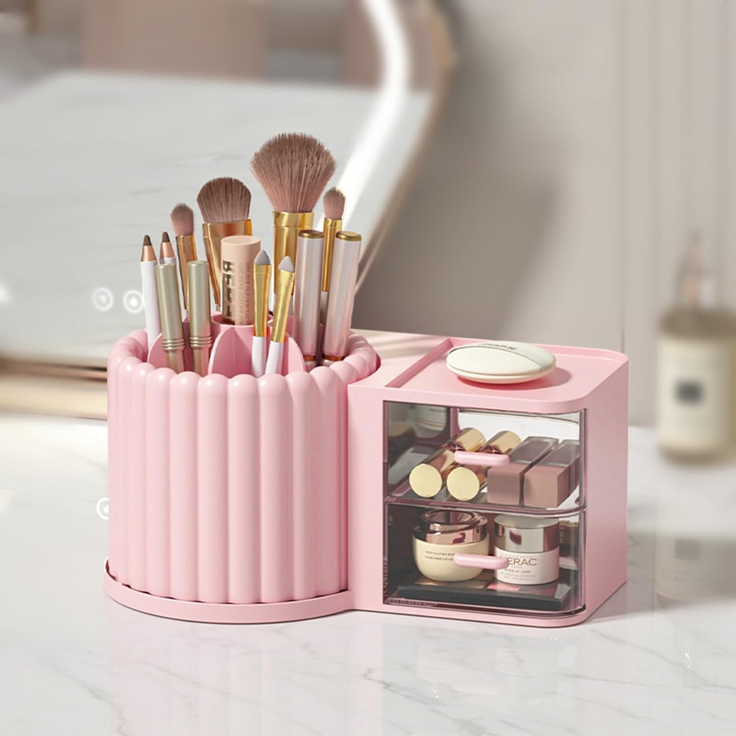 Anyoifax 360 Rotating Makeup Brush Holder 7 Slots Makeup Organizer with Drawer Removable Spinning Cosmetic Storage Pen Holder for Vanity, Dresser, Desk, Pink