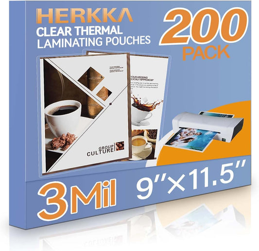 HERKKA 200 Pack Laminating Sheets, Holds 8.5 x 11 Inch Sheets, 3 Mil Clear Thermal Laminating Pouches 9 x 11.5 Inch Lamination Sheet Paper for Laminator, Round Corner Letter Size