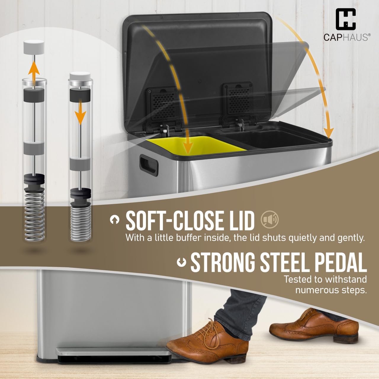 CAPHAUS Dual Trash Can with Lid, Trash and Recycling Bins Combo for Kitchen, Hands-Free Stainless-Steel Garbage Can with 2 Compartment, Hinged Lid, Odor Filter, Handles, 25L+25L, 2 x 6.6 Gallon