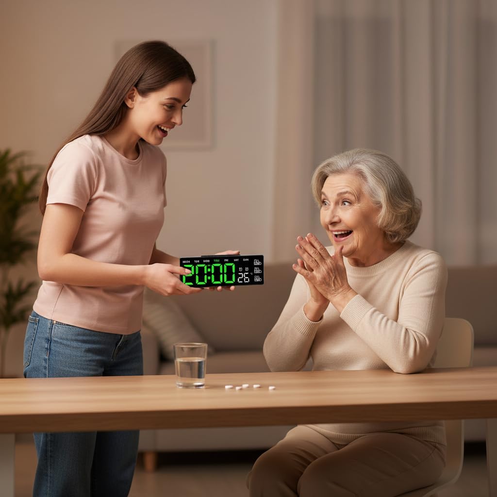 8 Inch LED Digital Desk Clock with Medication Reminders – Large Display with Time, Date, Day, Temperature, Triple Pill Alerts, Dual Alarm, Silent Clock for Home and Office,Green