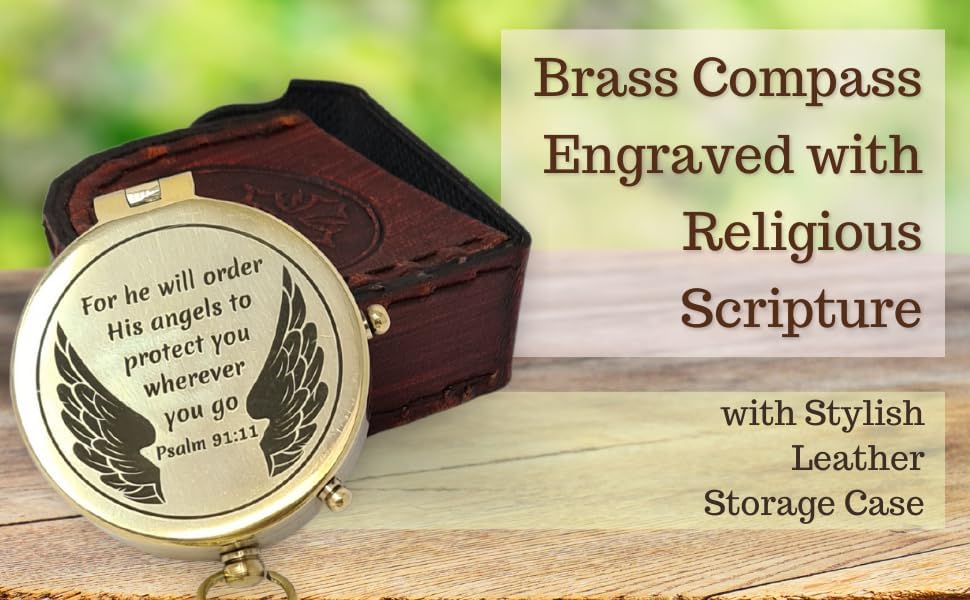 Brass Compass Engraved with Religious Scripture Verse - Ideal Gift for Son, Grandson, Daughter - Perfect for Baptism, Communion, Church and Graduation Day Present
