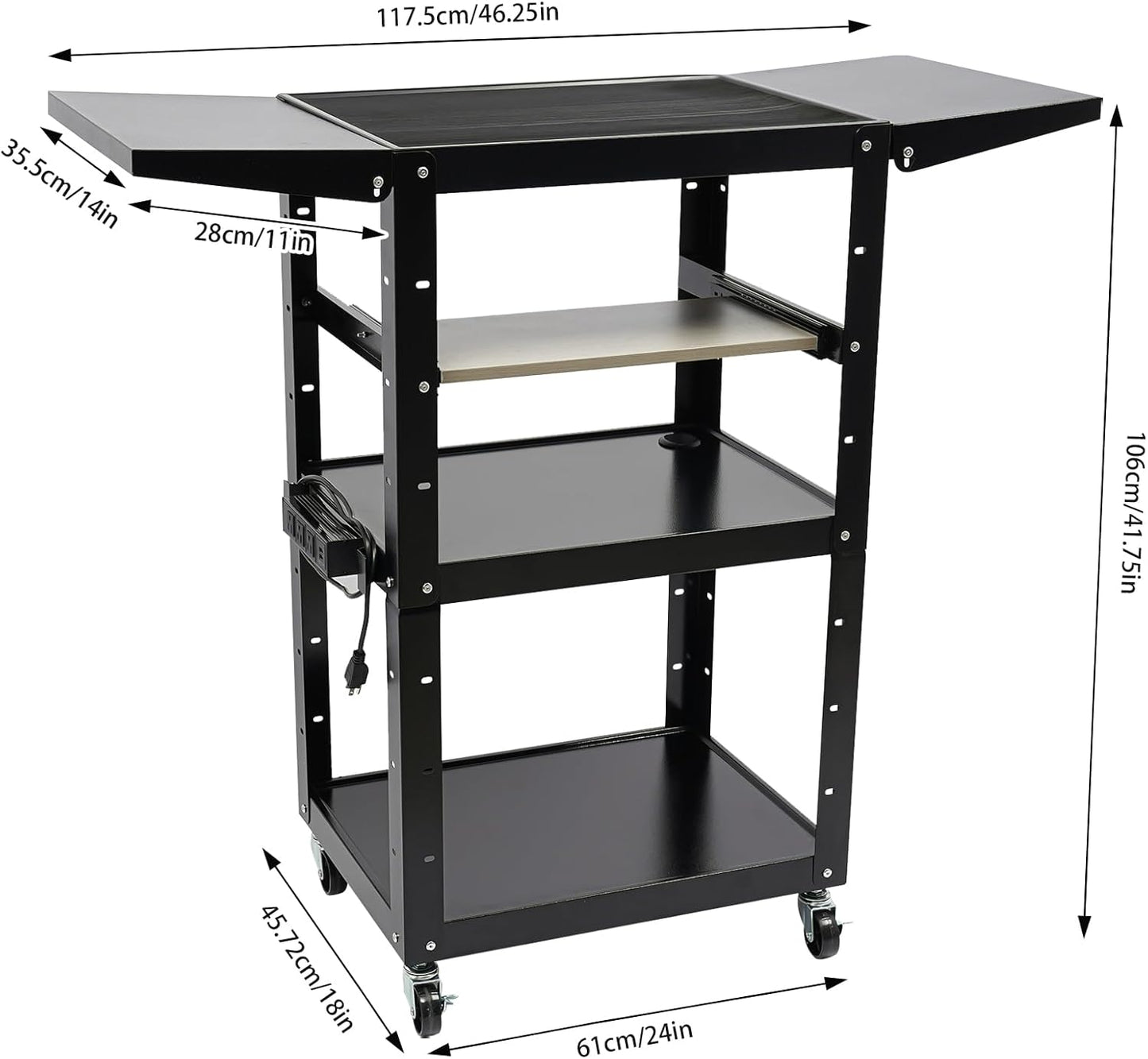 Black Steel AV Cart with Wheels & Power Strip Height Adjustable Rolling Computer Cart w/Folding Drop Leaves Media Cart Projector Cart, 300 LBs, 24 * 18 * 41.75in