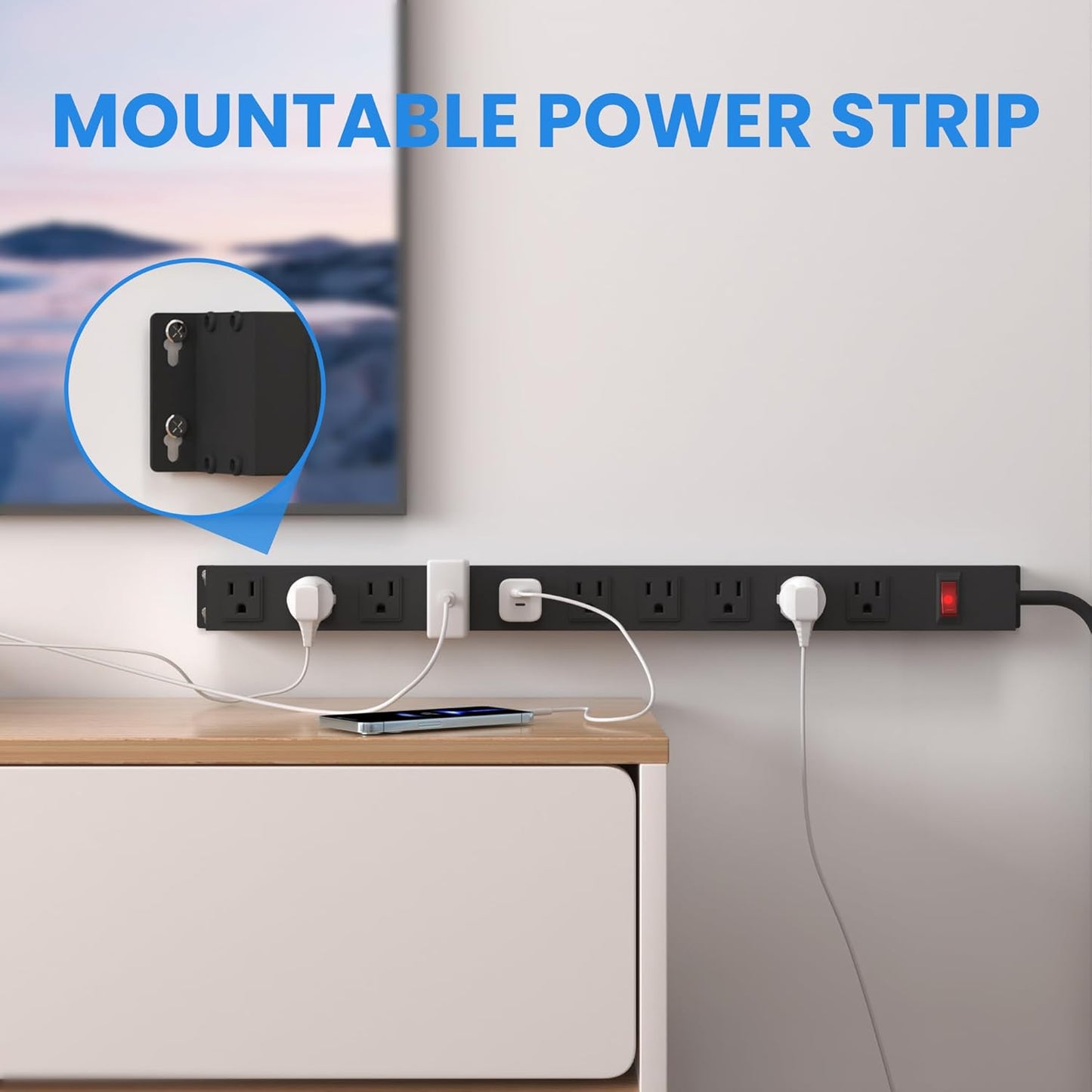 10 Outlet Metal Power Strip,8FT Long Extension Cord Heavy Duty for Kitchen,Office,School,Commercial,Workshop,Industrial,ETL Certified and Listed Socket,1825W/125V/15A,Black(8FT)