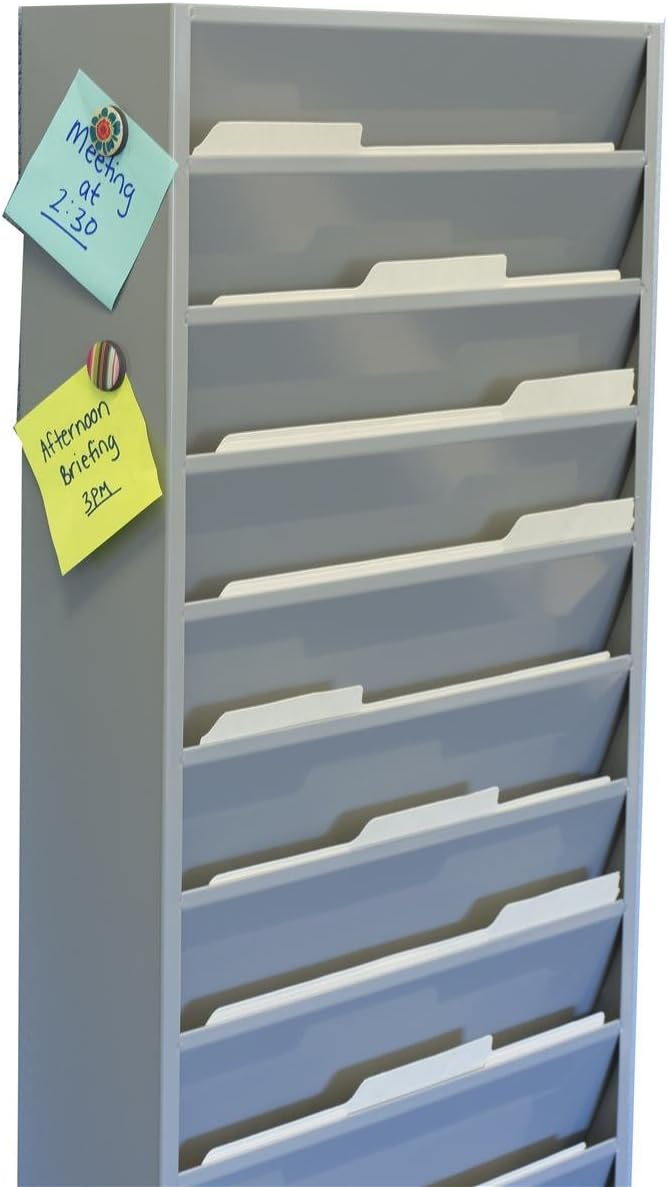 File Folder Wall Rack, 20 Pockets, Tiered, Office and Medical Charts (Gray, Powder Coated Steel)