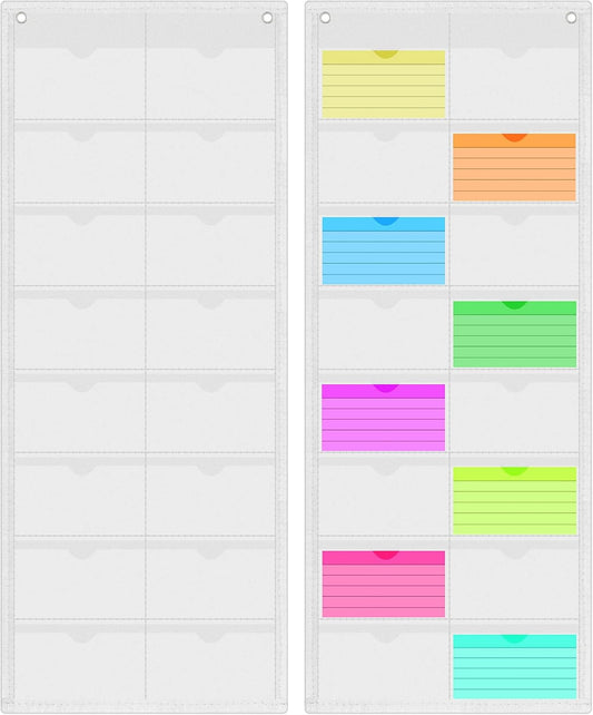 2 Pack 3'' x 5'' Index Card Holder Sleeve 16 Slot Plastic Organizer Hanging Wall Mount Business Note Cardholder PVC Clear Organizer Pocket for Classroom Office Library Home (White)