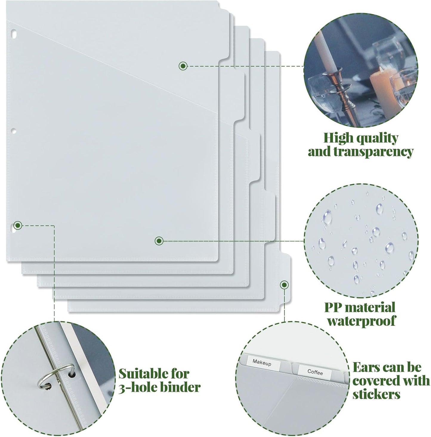 5 tab dividers for 3 Ring Binder with Pockets, Plastic Dividers with Clear Front Pocket, 5-tab Index Dividers with 3 Holes Punched for School & Office Supplies (Grey)