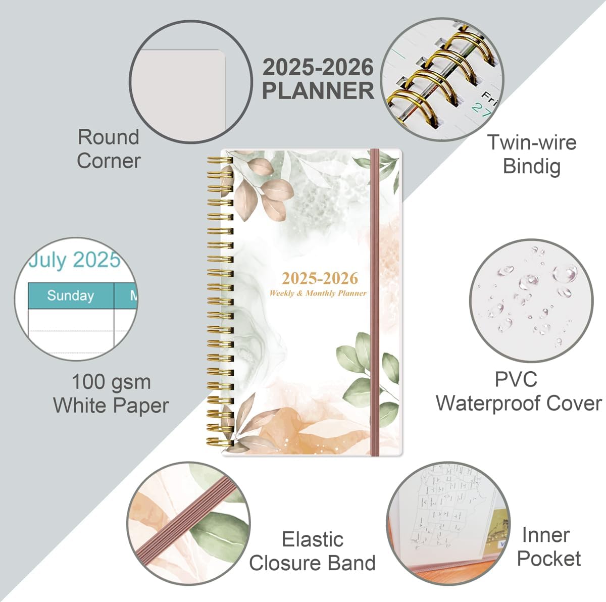 2025-2026 Pocket Planner/Calendar - 25-26 Planner from July 2025 - June 2026, Planner 2025-2026 with 12 Tabs, Twin-Wire Binding, Inner Pocket, 3.75" x 6.75, Rose Leaf