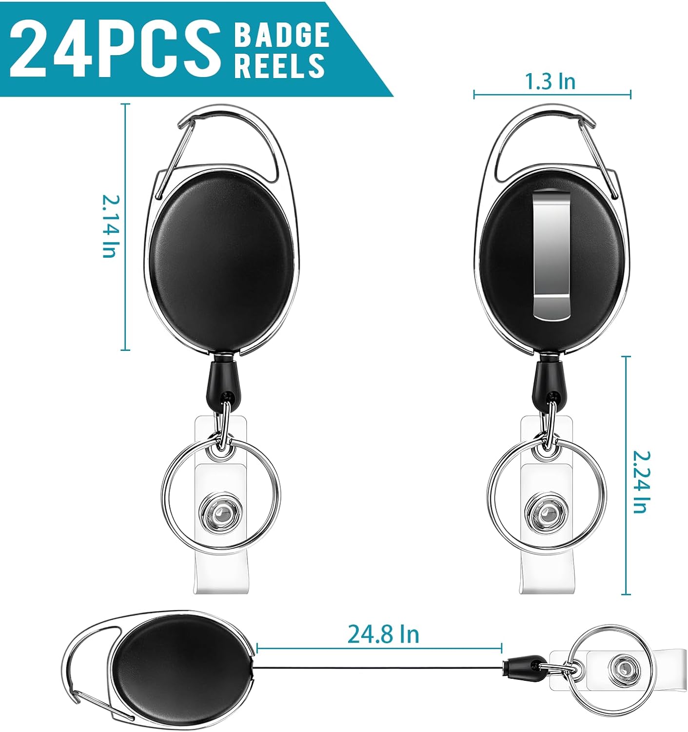 24 Pcs Badge Reel, ID Badge Holder Retractable Clip, Retractable Keychain Badge Reel，Badge Clip, Retractable Lanyard for Wear Keys, ID Card, Name Hold