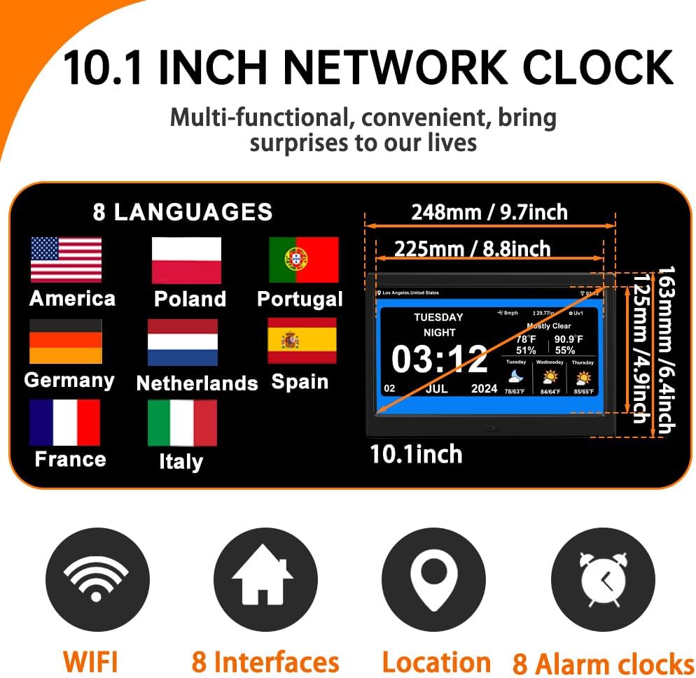 2025 New Digital Weather Clock with Temperature Humdity Alarm Clock (10.1- inch Black)