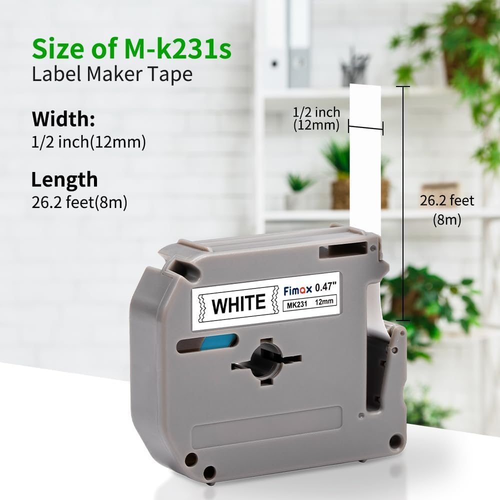 Fimax Replacement for Brother P Touch M Tape M231 MK231 MK-231 12mm 0.47 Inch to use with Brother PTouch PT-M95 PT-90 PT-70 PT-65 PT-85, Black on White, 26.2 Feet, 8-Pack