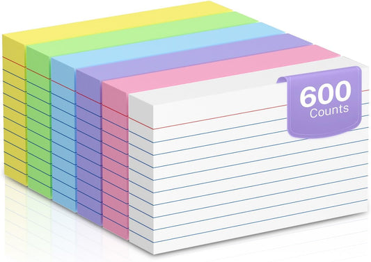 600 Count Colored Index Cards 3 x 5 Inch Ruled Index Cards, Flash Cards College Ruled for School, College, Office and Home Organization, Durable Study To Do List Note Cards with Ruled Lines