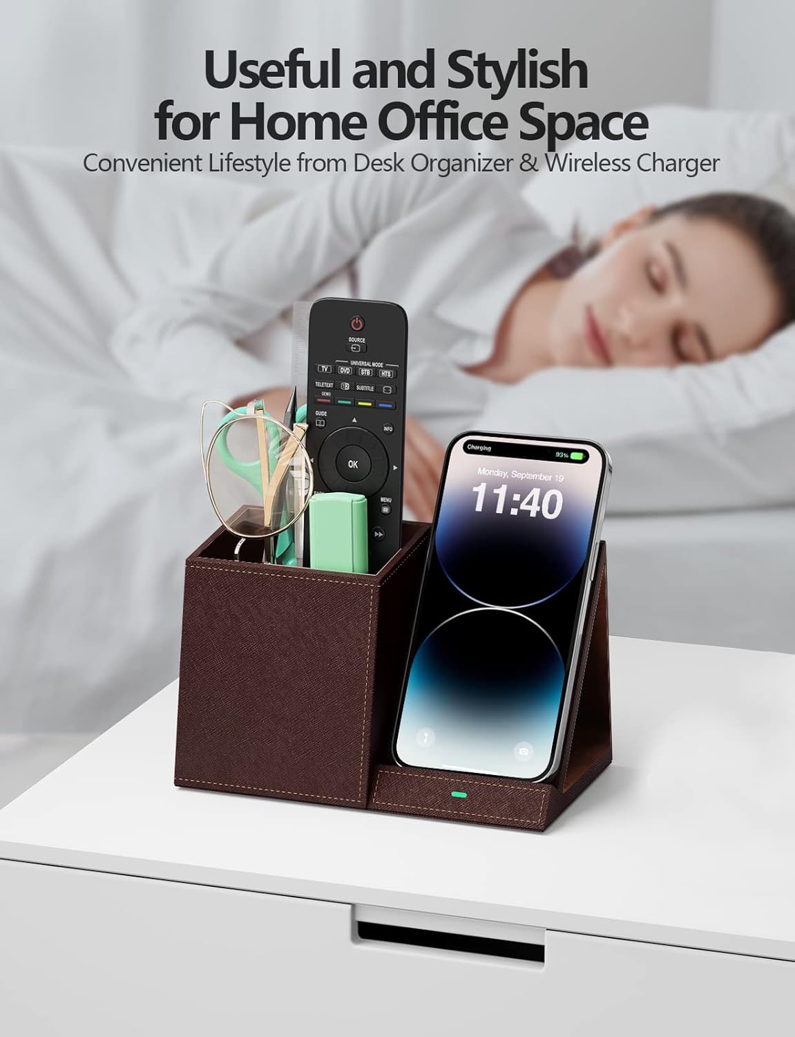 Desk Supplies Organizer, Multi-Functional Pencil Pen Holder with Wireless Charger, Desktop Stationery Organizer, Home Office Supply Storage Box Caddy (Brown)