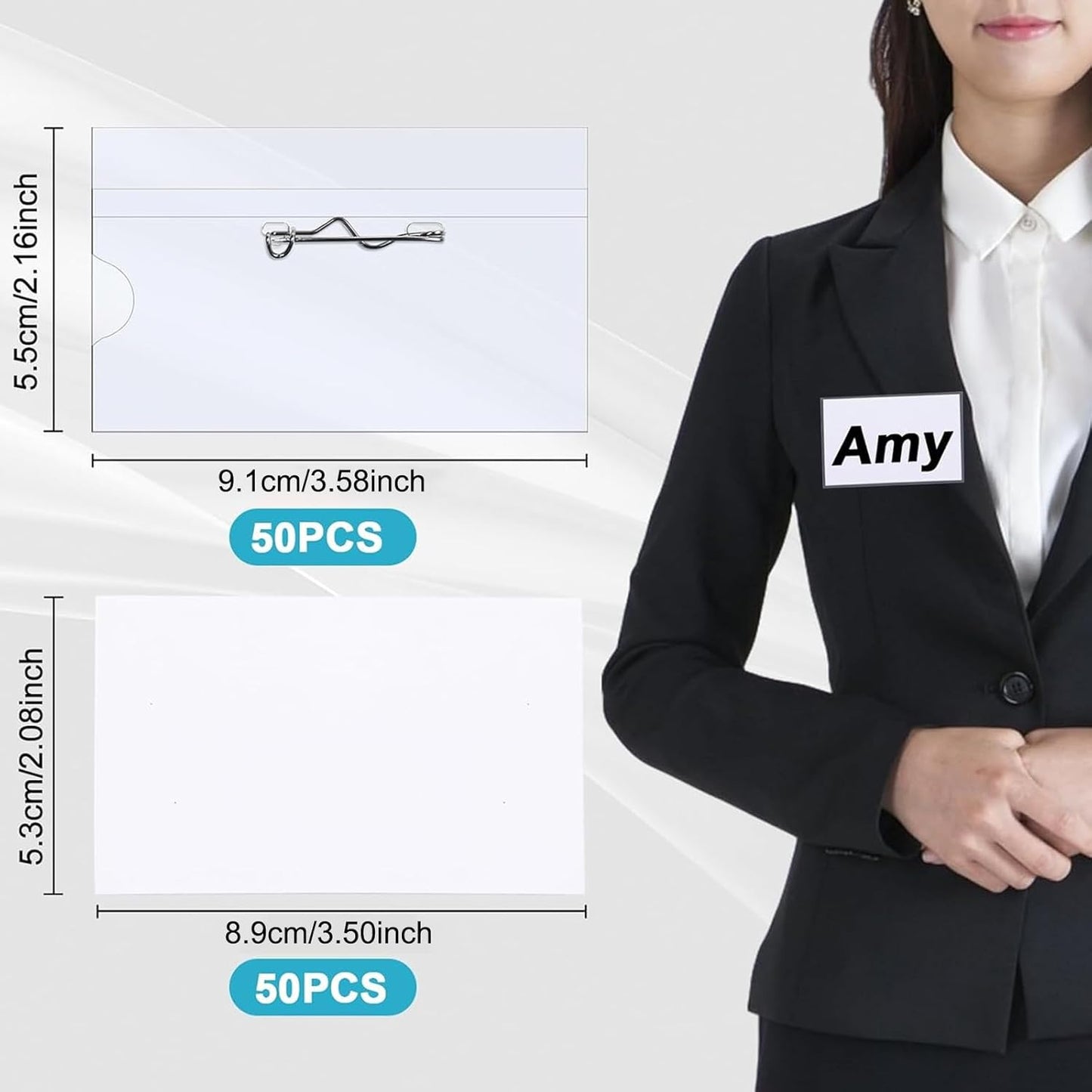 Anjmd 50 Pieces Pin Style Name Badge Holders Name Tags with Pins Clear Plastic Name Tag Holder Name Badge Holders with 50 Pcs Inserts Fit Card (3.58x2.16 inch)