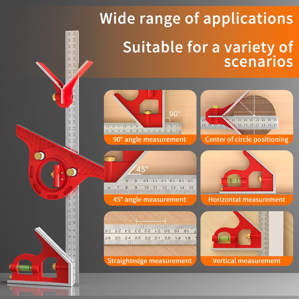 BAUSATZ Combination Square 400mm Carpenter Square Woodworking Square Ruler Protractor Angle Finder Combo Square Tool 180° Angle Ruler Carpenter Tool Combination Square Set with Bubble Level