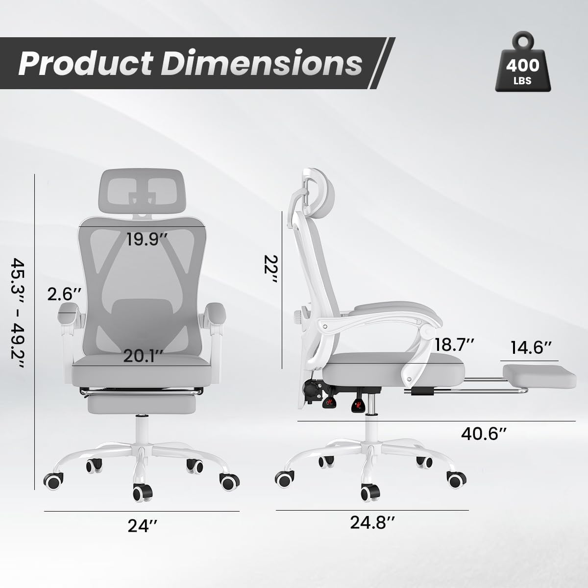 Farini Ergonomic Office Chair with Footrest, Mesh Office Desk Chair with Headrest, High Back Computer Chair with Adjustable Lumbar Support for Home Office Study Room Bedroom, White & Grey