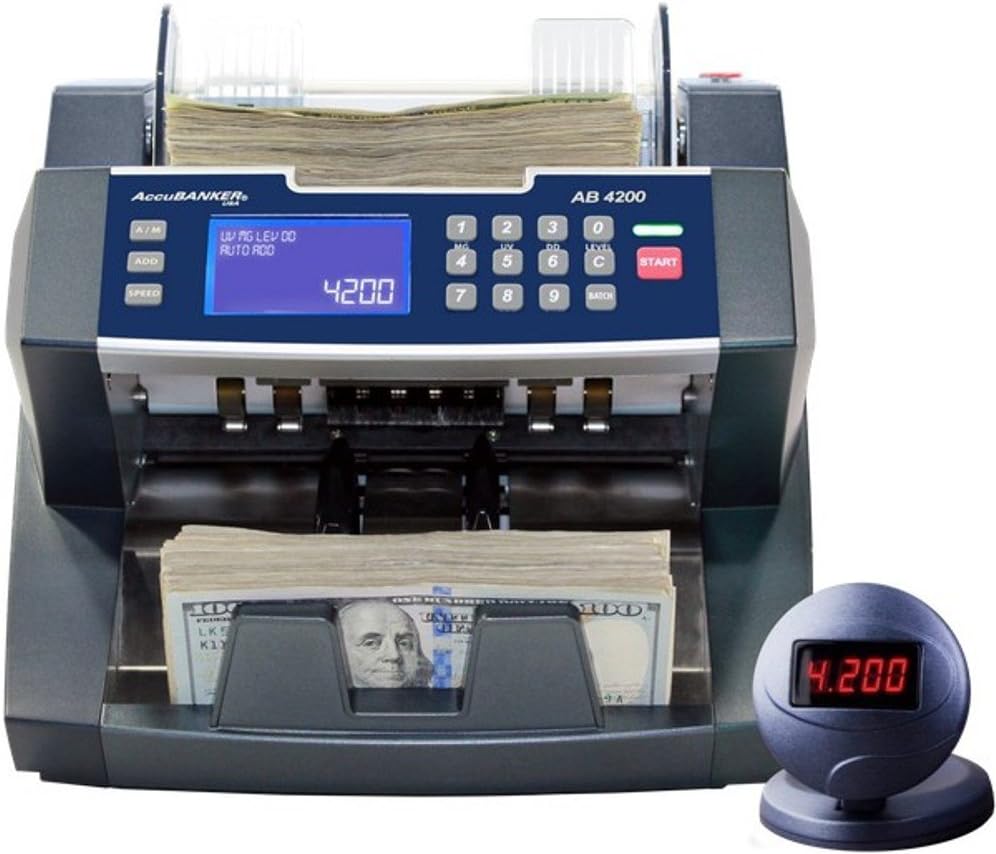 AccuBANKER AB4200 Bill Counter, 300 Bills Hopper Capacity, 200 Bills Stacker Capacity, Variable Counting Speeds up to 1,800 Bills/min & Emergency Stop Function, Commercial Grade, UL & CE cert