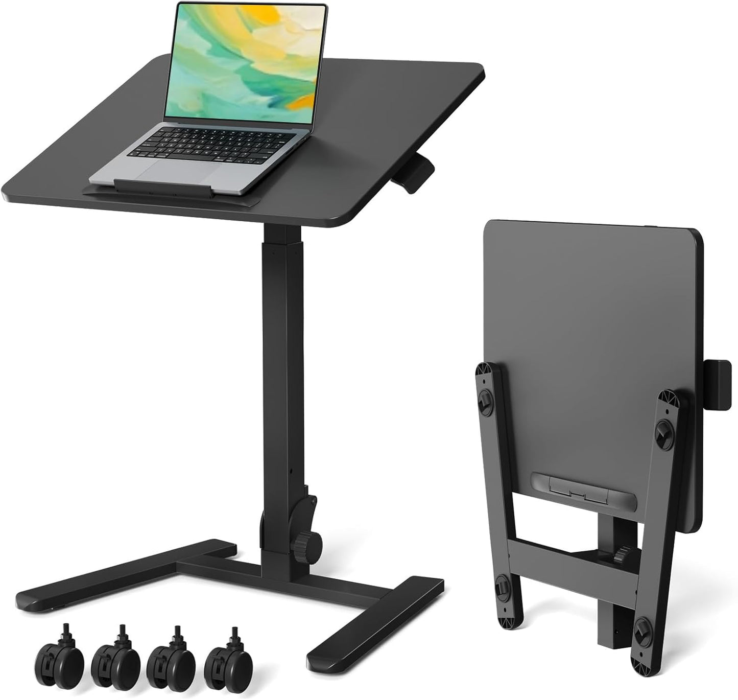 Foldable Standing Desk，Small Mobile Sit-Stand Desk with 90 Tiltable Top，Rolling Rising Laptop Workstation Adjustable Height，Portable Table on Hidden Wheels/4 Lockable Casters，Black