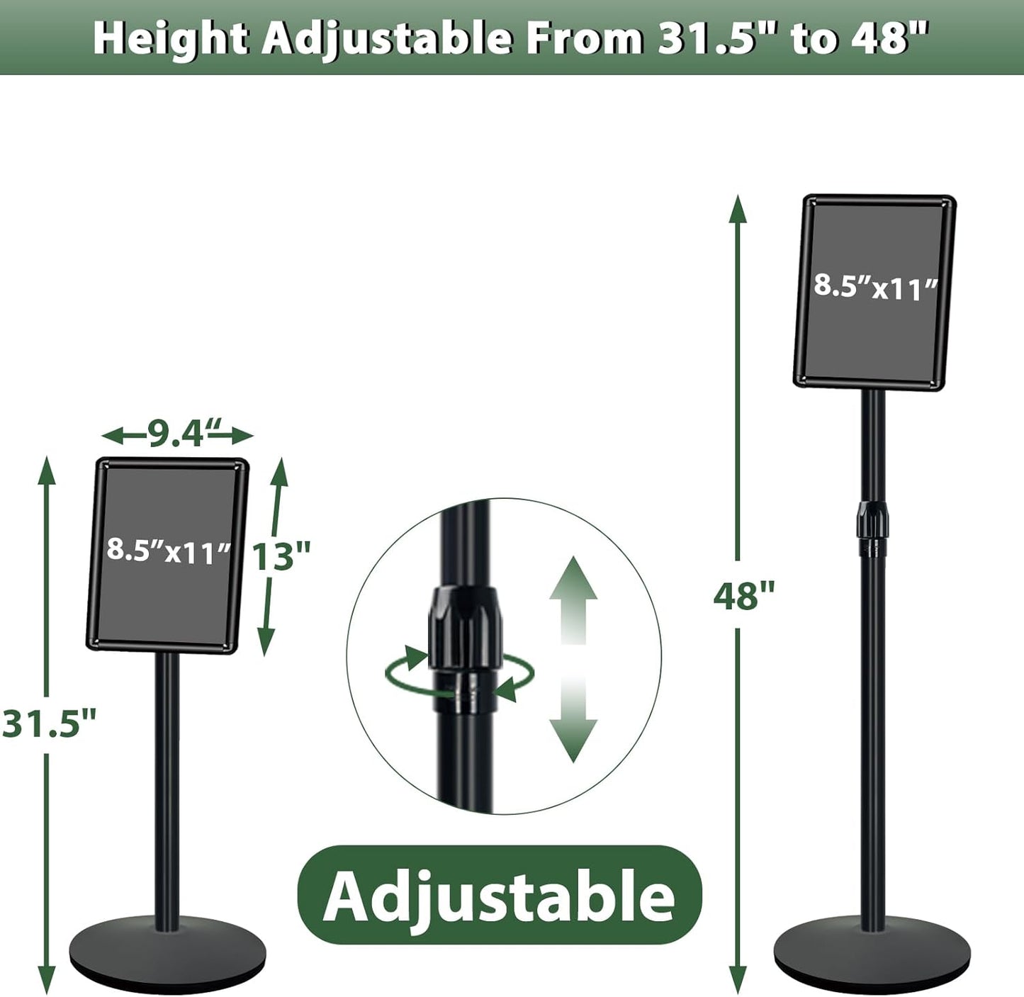 Heavy Duty Sign Holder Poster Stand 8.5"x 11" Floor Standing Sign Holder Adjustable Pedestal Sign Stand with Cast Iron Base for Display/ Advertisement (Black)