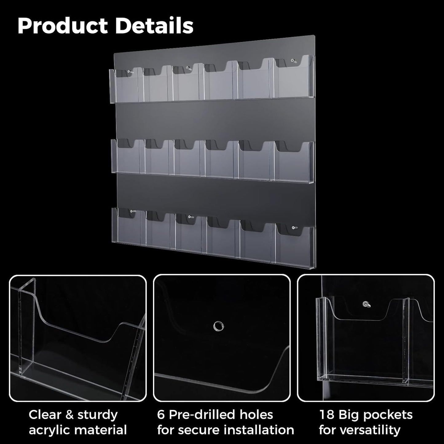 18 Pockets Acrylic Brochure Pamphlet Holder Wall Mount, 4 inches Pocket Brochure Display Stand, Pamphlet Display Stand Wall Mount, Clear Plastic Trifold Flyer Rack Literature Holder