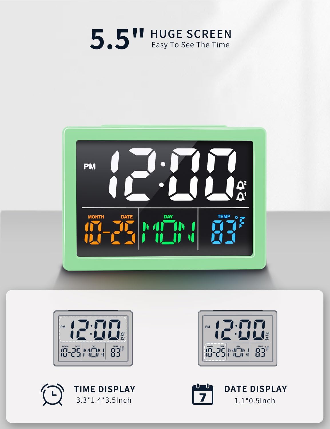 Digital Alarm Clock, with 5.5" Large LED Time Display, Adjustable Alarm Volume, 6 Level Brightness, Alarm Settings, USB Charger, Temperature Detect, Snooze, Clocks for Bedroom, Bedside, Desk, Green