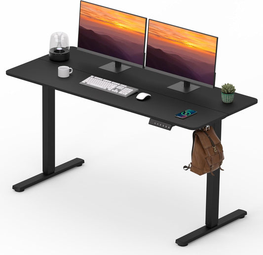 Adjustable Stand Up Desk with Memory Preset, Standing Desks 55 x 24 Inch Electric Home Office Desk Computer Workstation Splice Black Top + Black Frame