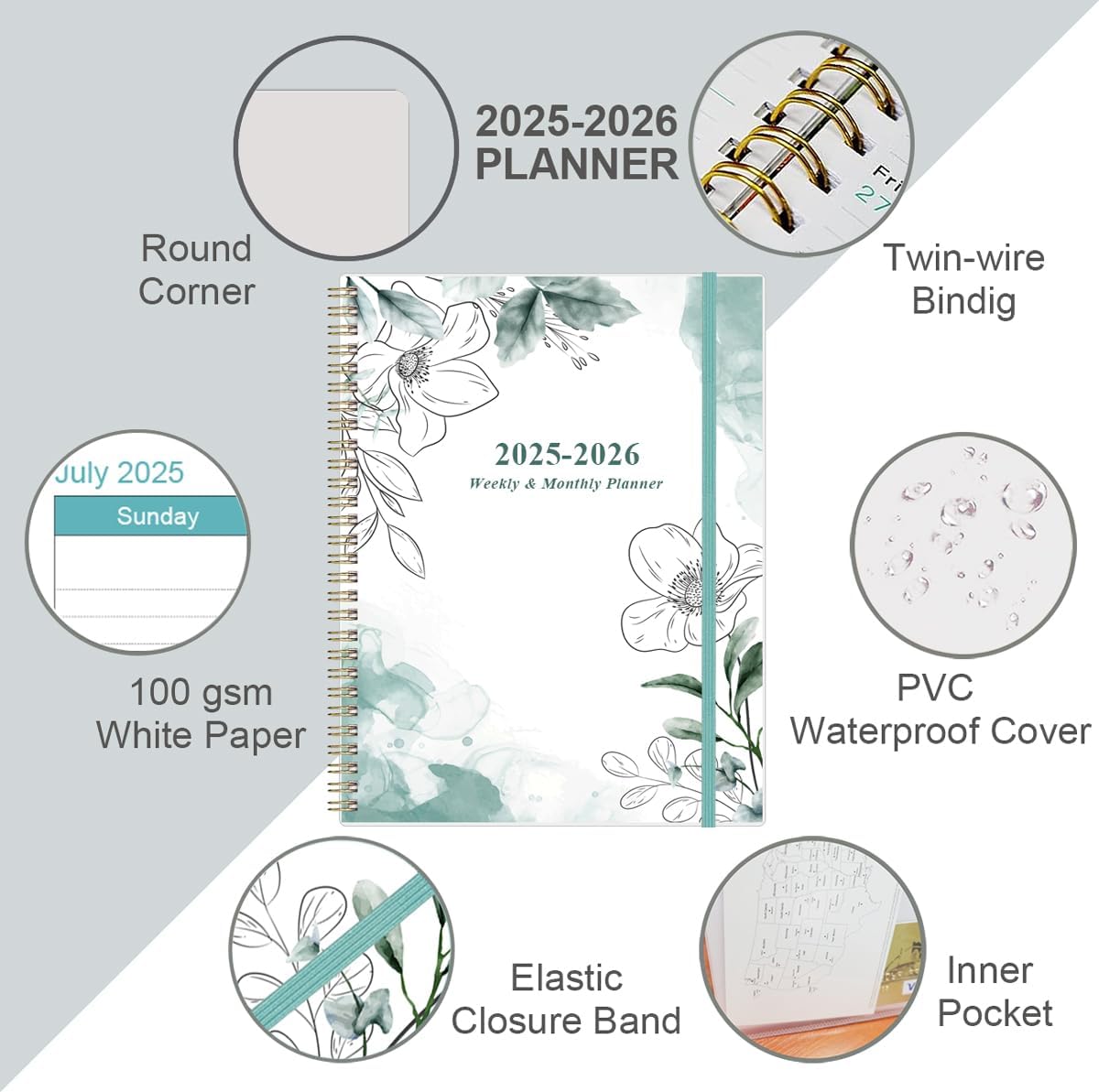 2025 Planner - A4 Weekly & Monthly Planner Spiral Bound, January 2025 - December 2025, Planner 2025 with Flexible Cover, Tabs, Inner Pocket, 8.5" x 11", Teal Flowers
