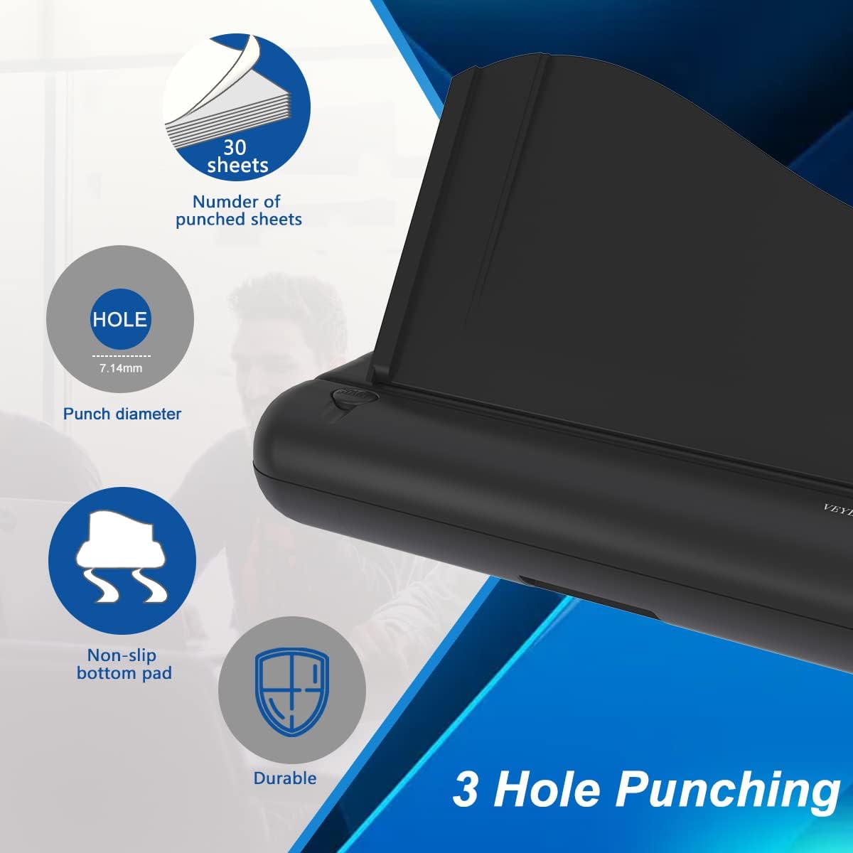Electric 3 Hole Paper Punch, VEYETTE Heavy Duty Commercial Hole Puncher with Adapter for Office School Studio, 30 Sheet Capacity,Color Black