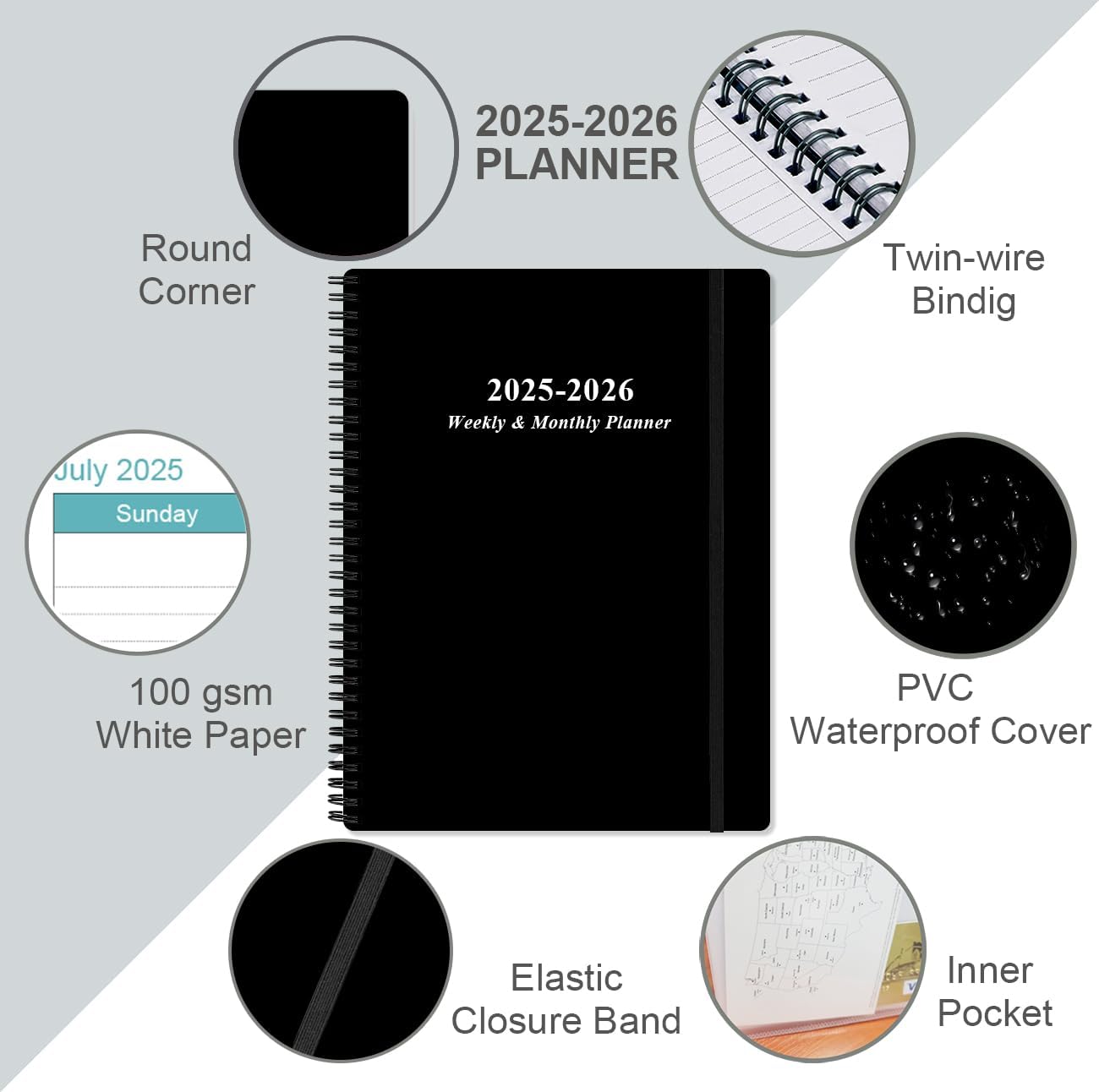 2025-2026 Planner - Academic Planner 2025-2026 from July 2025 to June 2026 with 12 Monthly Tabs, Flexible Cover, Inner Pocket, 8.5" x 11", Black