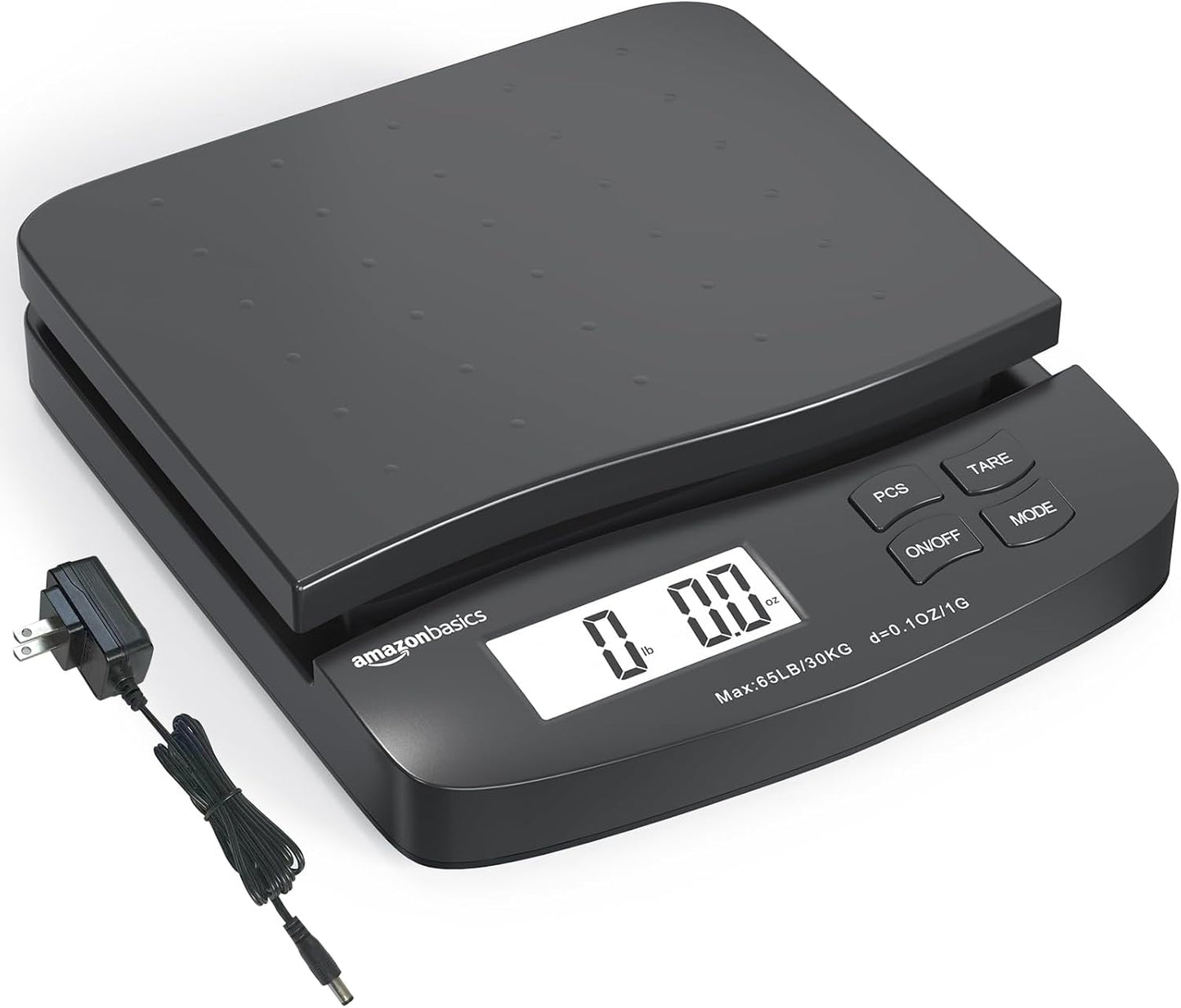 Amazon Basics Digital Postal Scale, AC Adapter, 65 lb Capacity, 0.1 oz Readability, Black