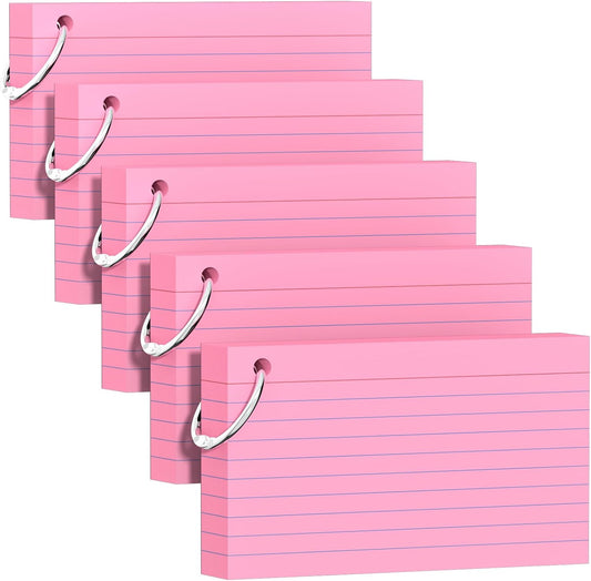 250 Count Pink Index Cards 3x5 Inch with Key Ring, Color Flash Index Card (50 Sheets Each), Durable & Portable Note Taking for Students, Teachers, Study Note Cards for Office Home School