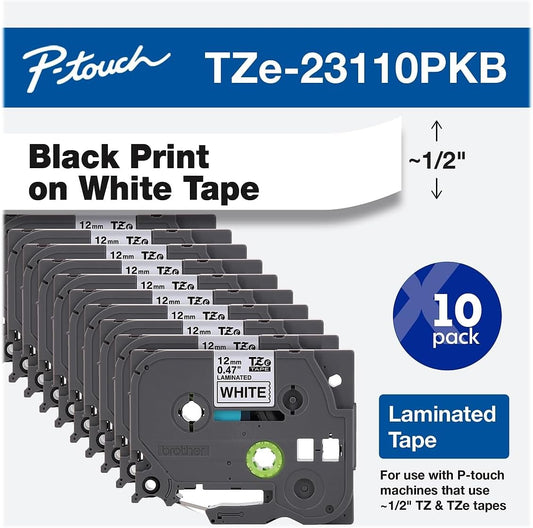 Brother Genuine P-Touch, TZe-231 10-Pack Tape (TZE23110PK) ½ inch (0.47 inch) x 26.2 ft. (8m) (Pack of 10) Laminated P-Touch Tape, Black on White