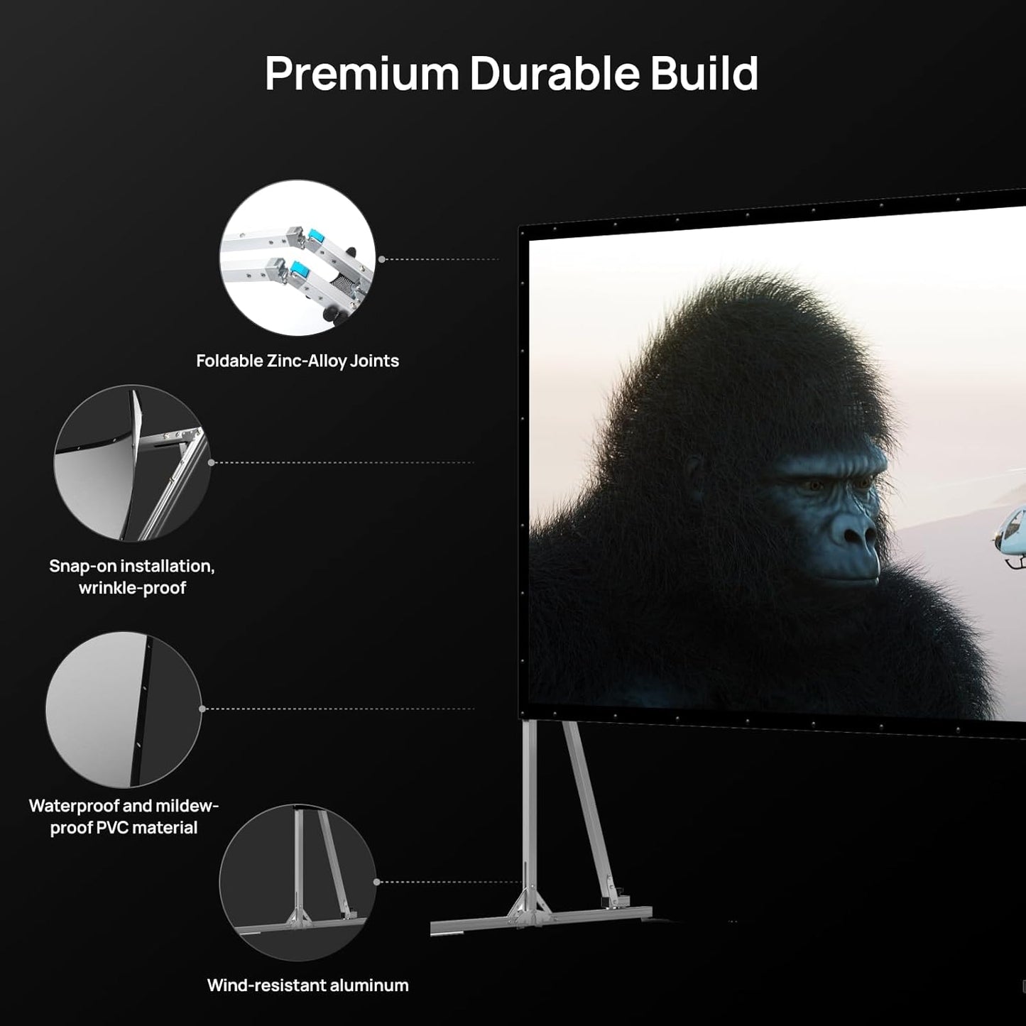 AWOL VISION Folding Outdoor Projector Screen with Stand (120 inches), Portable 16:9 4K HD Rear Front Movie Screen with Carry Bag for Theater Backyard Movie Night,Cinema School