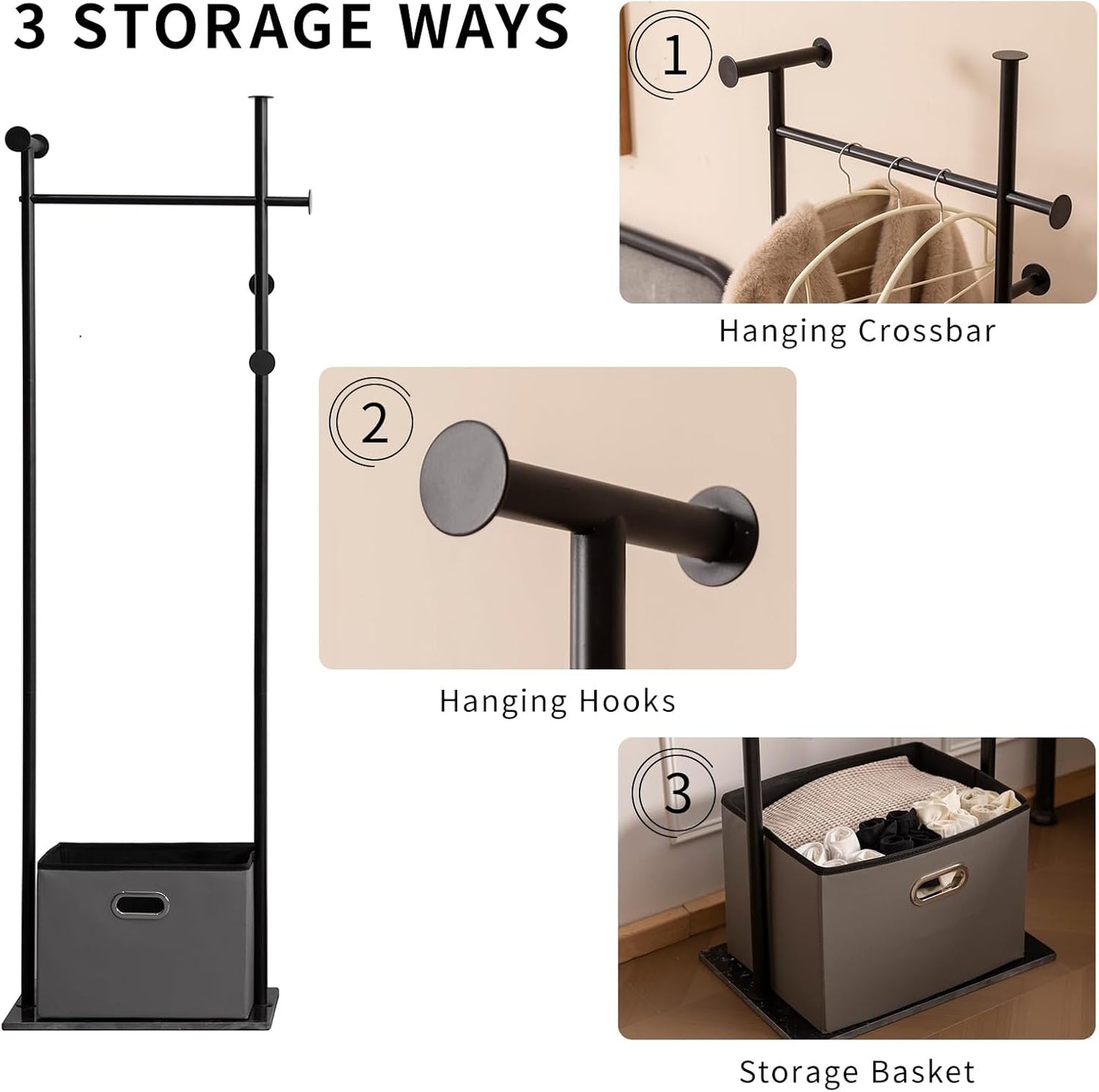 Coat Rack Freestanding with Storage Basket Heavy Duty Clothes Rack Marble Base Modern Coat Stand for Bedroom Living Room Hotel 13.39" D x 19.69" W x 68.9" H (Black)