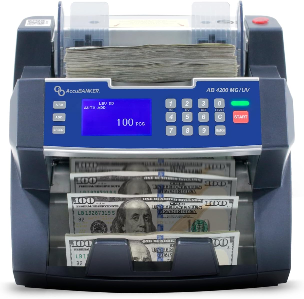 AccuBANKER AB4200MGUV Bill Counter Machine, 300 Bills Hopper Capacity Variable Counting Speeds up to 1,800 Bills/Min with 3-Point Counterfeit Detector Magnetic Ultraviolet, Commercial Grade, UL & CE