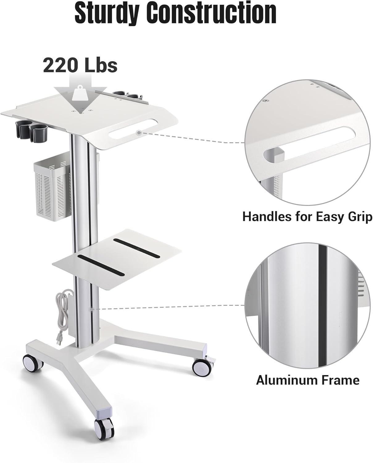 AW Medical Mobile Laptop Cart Rolling PC Stand Ultrasound Imaging Cart Computer Workstation on Wheels with Handle 220 Lbs Capacity CPU Printer Power Strip Holder for Dentistry Clinic Lap Hospital