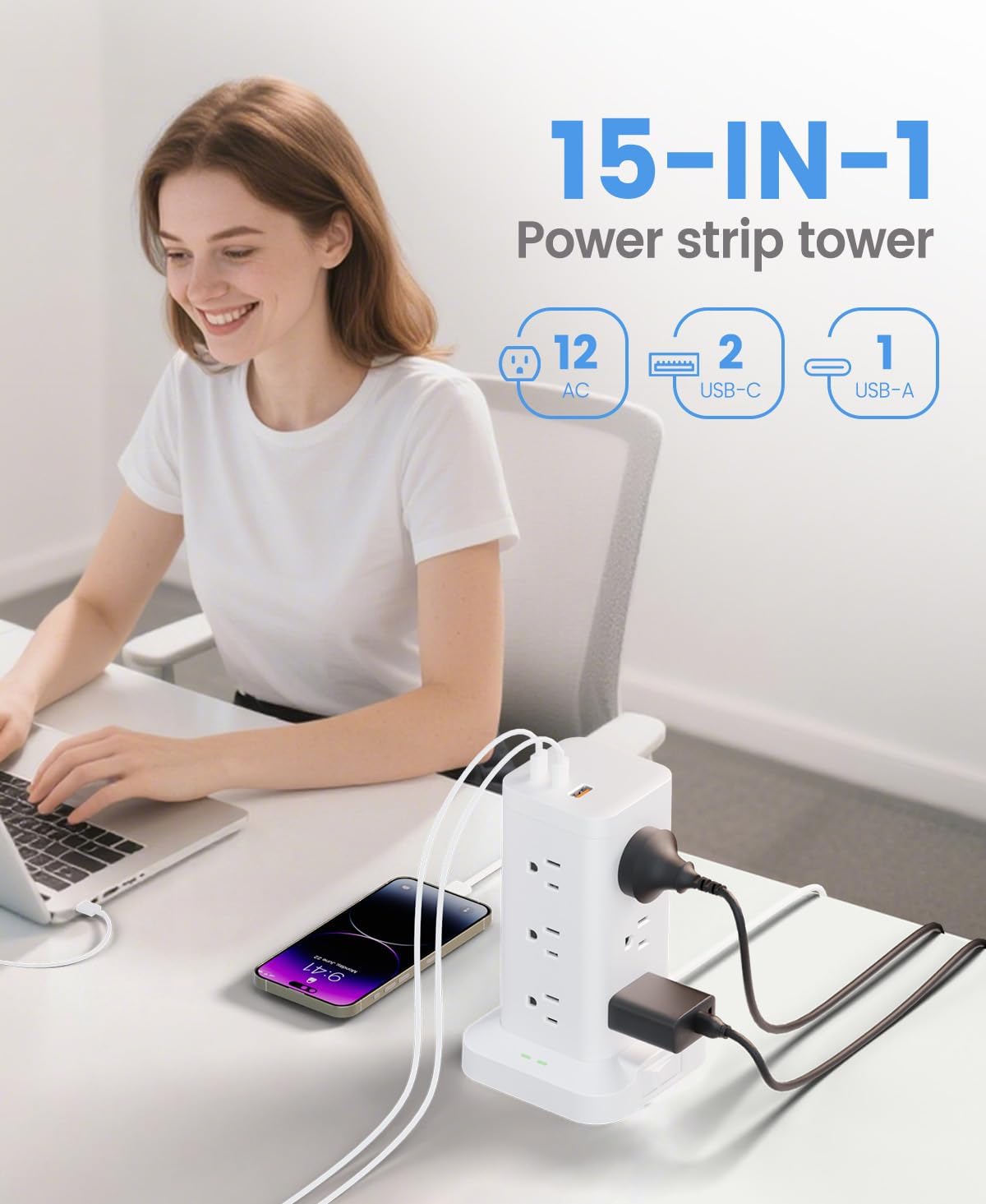 15-in-1 Power Strip Tower with Surge Protector 1800J, Fast Charging Tower PD20W USB-C Ports with 12 AC Outlets, 6ft Extension Cord for Home Office Dorm Room, White