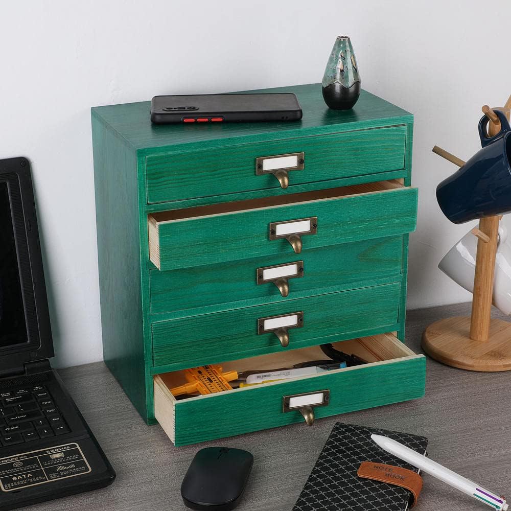 Desktop Organizer with Drawers - Card Catalog Cabinet, Small Wooden Drawers, Vintage Wooden Box, Rustic Desk Organizer and Accessories (S-GREEN)