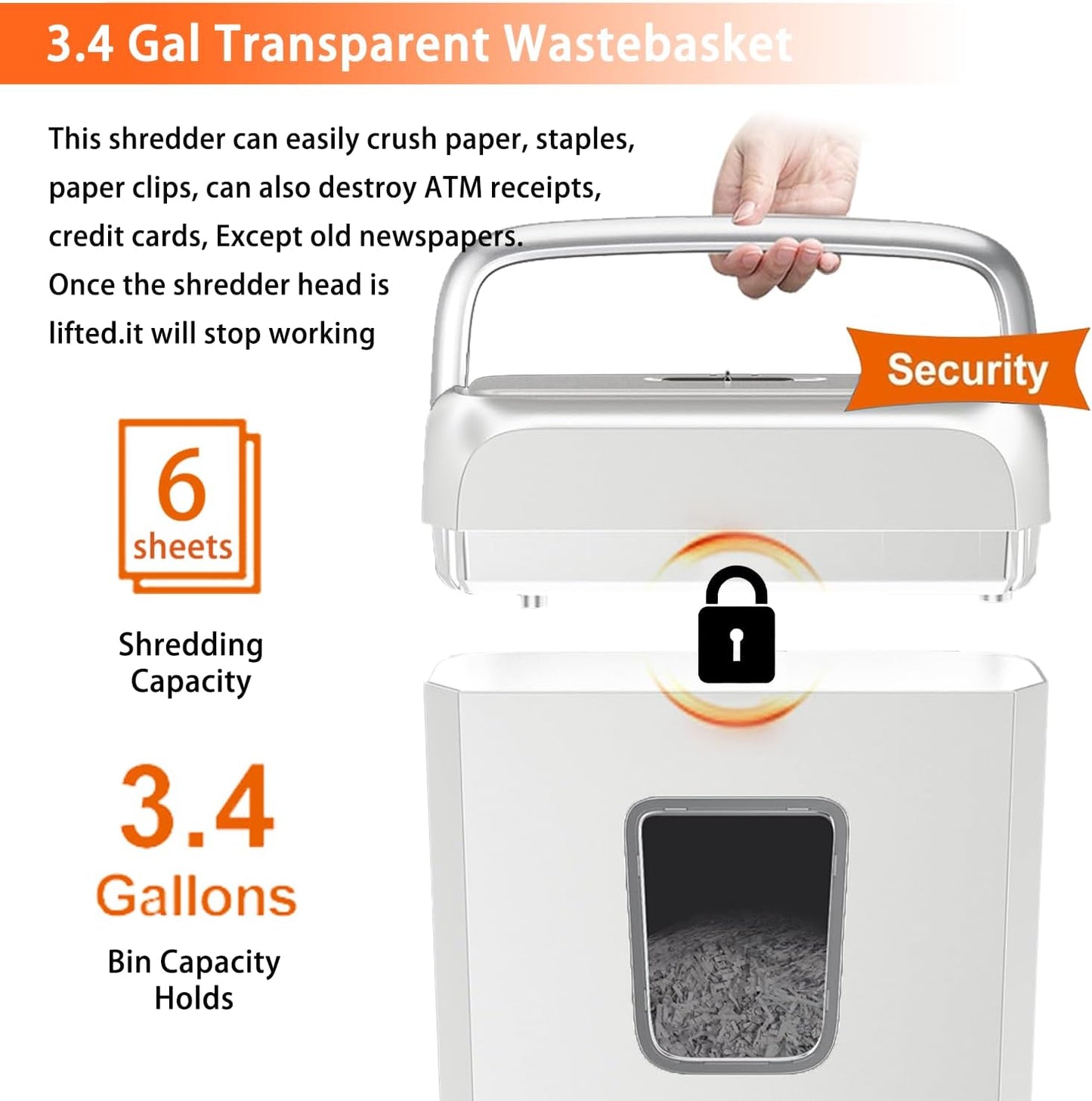 Bonsaii Low Noise Operation Paper Shredder, 6-Sheet Cross-Cut, Credit Card Shredder, Home Office, Handle for Document, Mail, Staple, 3.4 Gal Wastebasket, Easy-Carry Handle, White(C237-B)