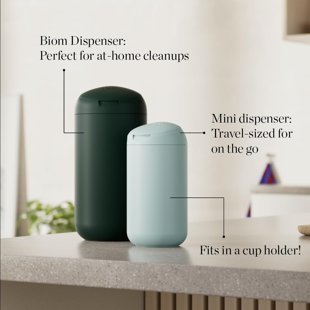 Biom Mini Dispenser + Hand Sanitizing Wipes Starter Kit - Eucalyptus Scented, Biodegradable, Kid-Safe | Fits in Cup Holder | All Natural, Plant-Based Non-Toxic Wipes with Aloe for Soft Skin (Midnight)