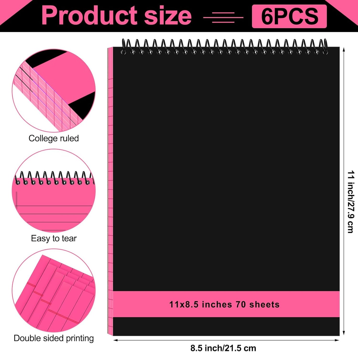 6 Pcs Legal Pad Top Spiral Bound Notebook 70 Sheets Wirebound Notepad Double Sided Ruled Memo Steno Pad with Stiff Back Cover for Business(8.5 x 11 Inches,No Holes,Bright Colors)