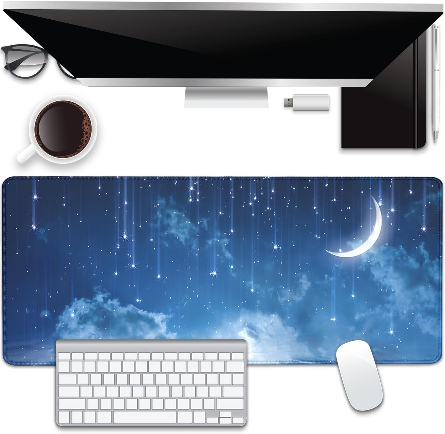 Blue Sky Stars Moon Desk Pad Mouse Pad,Large XL Meteor Showers Mouse Mat with Stitched Edges,Non-Slip Rubber Base Mousepad for Office PC Keyboard Laptop and Home Work Desk Mat(27.5X11.8 in)