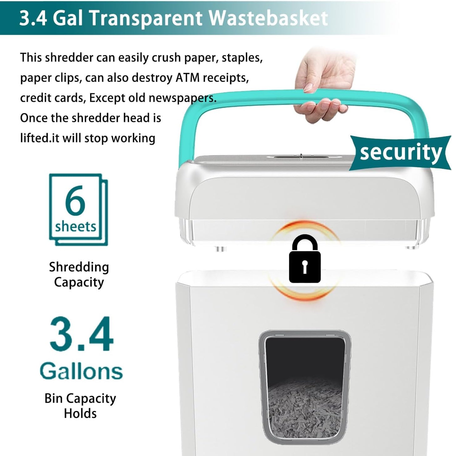 Bonsaii High Security Shredding Paper Shredder, 6-Sheet Cross-Cut, Credit Card Shredder, Home Office, Handle for Document, Mail, Staple, 3.4 Gal Wastebasket, White & Blue(C237-B)