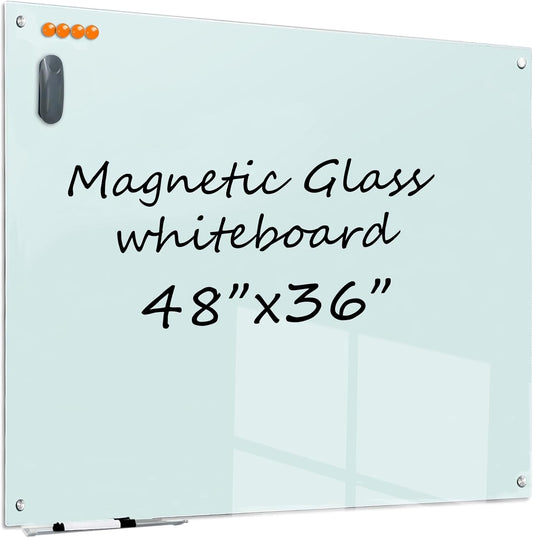 Glass Dry Erase White Board - Magnetic Whiteboard 48"X36" Large Frameless Boards with Super Strong Magnets for Office, School and Home Wall