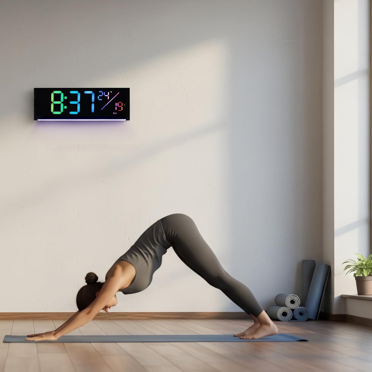 11-Inch LED Digital Wall Clock with RGB Flowing Light, Seconds, Date, Time, Temperature｜ Clear Large Numbers, Dual Alarm Settings, Remote Controlled ｜ Stylish Modern Clock for Living Room, Bedroom