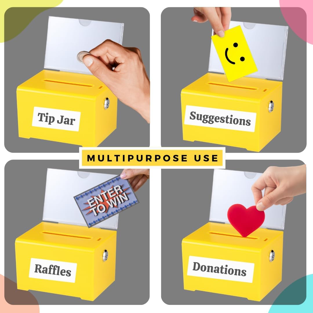 Adir Acrylic Donation Box Suggestion Slot Lock for Fundraising, Raffle, Tip - 6.25x4.5x4 Inches, Sign Holder