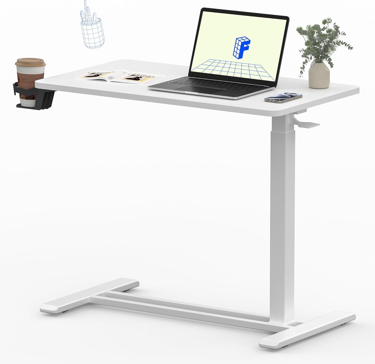 FLEXISPOT Mobile Standing Desk with Wheels Pneumatic Laptop Desk Rolling Computer Cart Movable Height Adjustable Small Sit Stand Desk Computer Workstations Home Use（31.5" W x 17.7" D,White